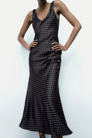 polka dot dress black hite long maxi sleeveless zara quality dress high end new year casual slip on 