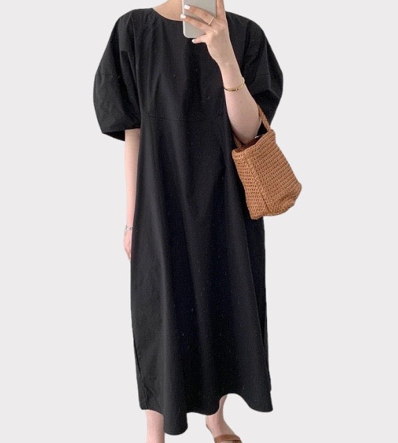 korean puff sleeves dress women's clothing everyday casual wear dresses long green mint beige black shift cotton polyester breathable short sleeves 