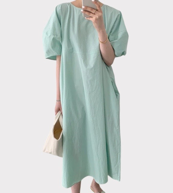 korean puff sleeves dress women's clothing everyday casual wear dresses long green mint beige black shift cotton polyester breathable short sleeves 