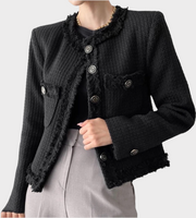 white black tweed jacket blazer cute sexy warm winter wear fall outfits chanel tweed button down inner lining korean style ootd 