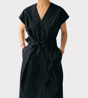 korean style clothing for women wrap around dress khaki black comes with side pockets strap waist belt loose in fit classic women's clothing short sleeves side pockets long maxi