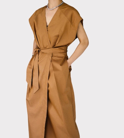 korean style clothing for women wrap around dress khaki black comes with side pockets strap waist belt loose in fit classic women's clothing short sleeves side pockets long maxi 