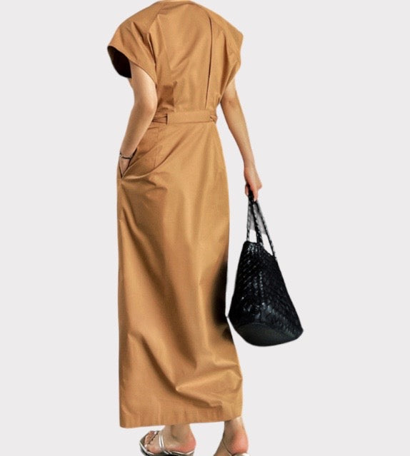 korean style clothing for women wrap around dress khaki black comes with side pockets strap waist belt loose in fit classic women's clothing short sleeves side pockets long maxi dress